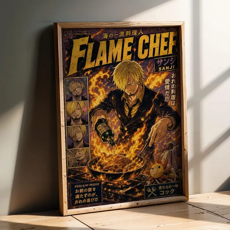 Sanji Poster, Flame Chef Art Print - Modern Pirates Manga Panel Layout, Black Gold Yellow, Bold Typography