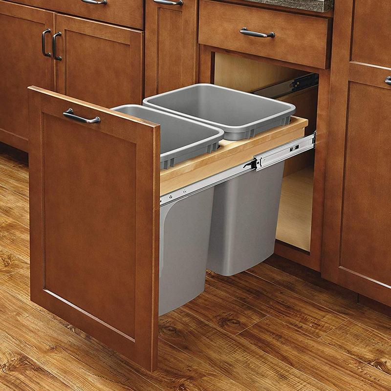 Rev-A-Shelf Double Pull Out Top Mount Trash Can 27 Qt, Grey, 4WCTM-15BBSCDM2