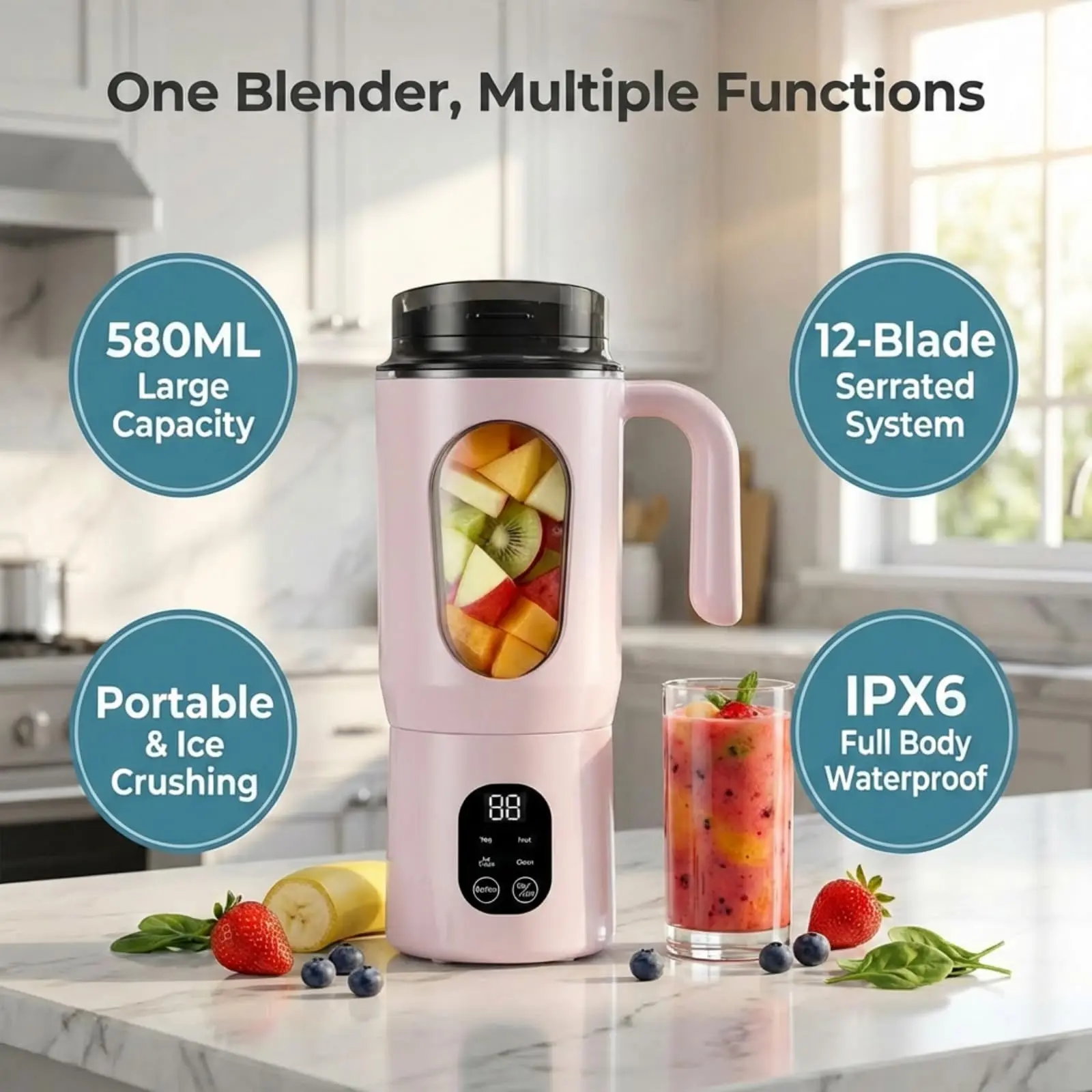 Portable mixing cup, USB electric juicer, 530ml, USB-C rechargeable portable juicer, suitable for making milkshakes and smoothies, 12 blades, excellent mixing effect nutritious recipe portable blender blender mini