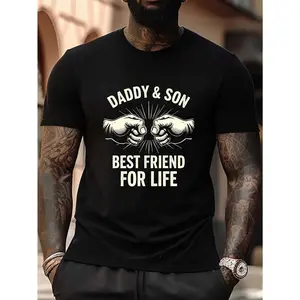 Men's Graphic T-Shirt - Black Father-Son Bond Design with "Daddy & Son Best Friend for Life" Text & Fist Bump Art, Lightweight Summer Casual Short Sleeve Tee, Machine Washable, Father Son Apparel | Round Neckline Shirt | Comfortable Fit, Fathers Day Gift,