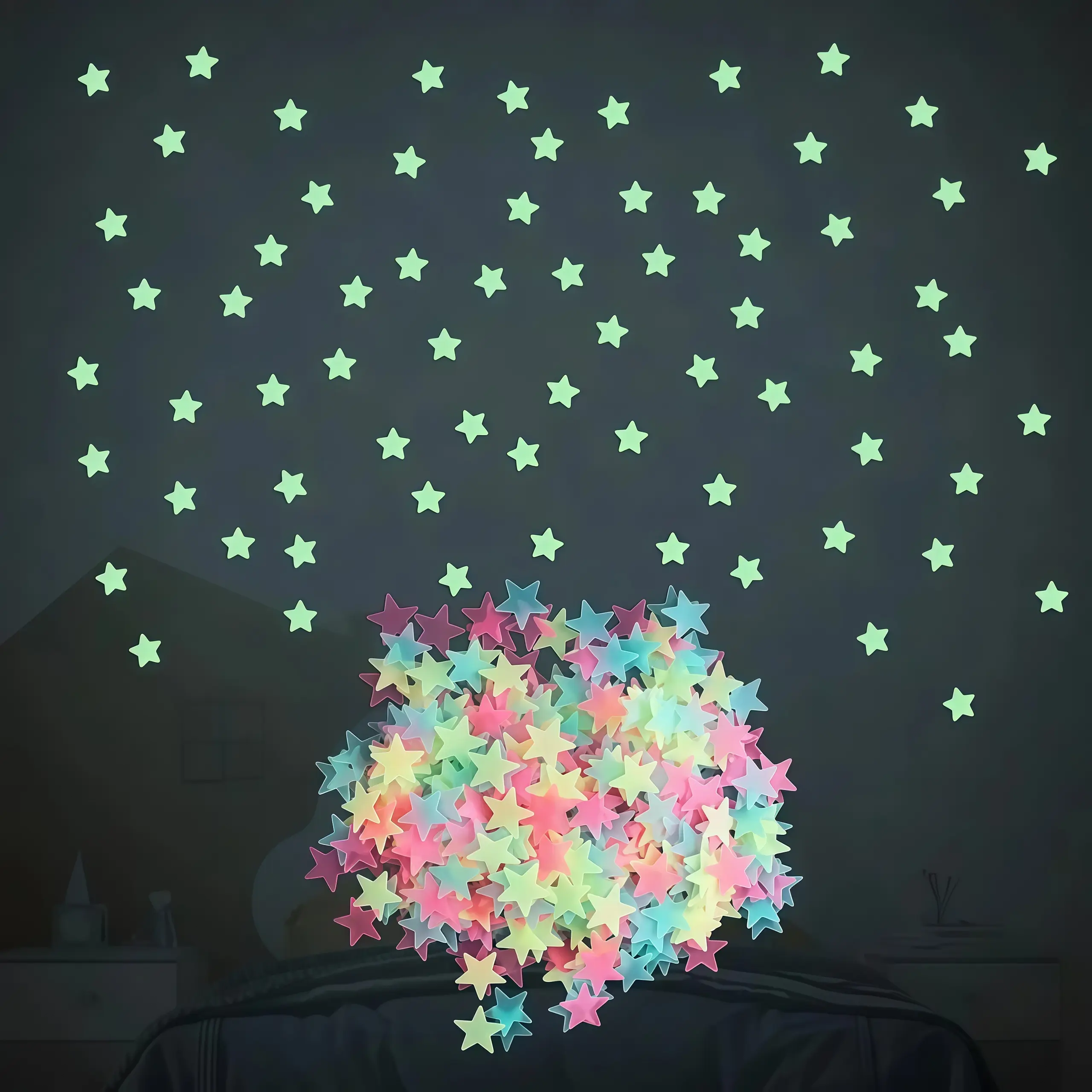 200pcs Self-Adhesive 3D Colored Luminous Fluorescent Star Stickers, Home Decor for Kids' Bedroom & Dormitory, Night-Shining Wall Decorative Ornaments
