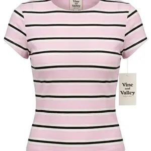 This is a Vine and Valley Essentials women's pink and black striped crew neck t-shirt. Size XS and S.