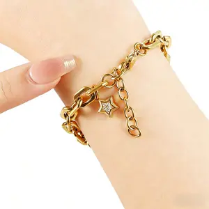 Elegant Chunky Gold Bracelet | 24K Gold Plated Titanium Steel | Star Rhinestone Charm | Tarnish-Free Adjustable Link Jewelry for Fashionable Women durable fashion accessory