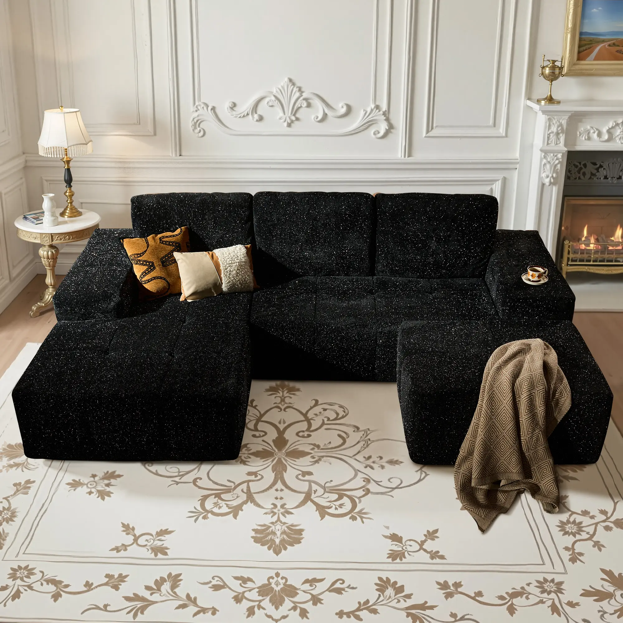 Silver Velvet Fabric Black Left Chaise & Ottoman
