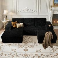 Silver Velvet Fabric Black Left Chaise & Ottoman