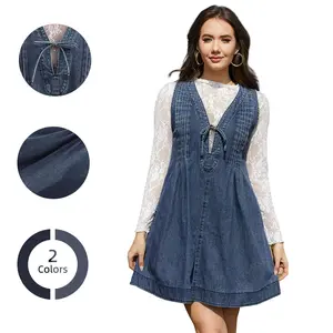 Chicovar Women's Oversized Vintage Denim Mini Dress ,Sleeveless V-Neck Tie Front Ruffle Layered A-Line Tunic with Pockets & Front Pleats, Casual Outfit,Fashion, Summervibes