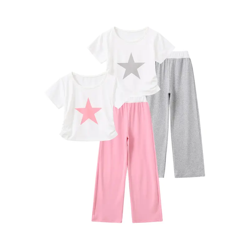 4-Piece Girls' Summer "Sweet & Cool" Star-Print Set: Casual Summer Outfit with Relaxed-Fit Wide-Leg Pants Cute Clothing Set