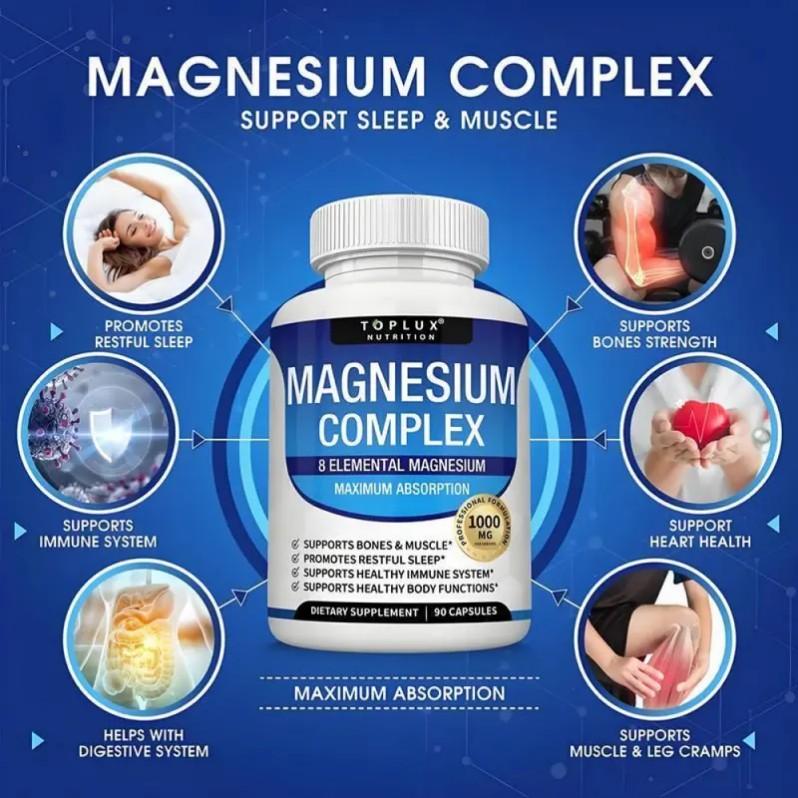 （Flash Sale 3 bottles） TopLux Nutrition Magnesium Complex 1000mg 90 Capsules 7 Elemental Sources Men Women Bone Muscle Sleep Immune Support Nature Decent Fitness Dietary Supplement Malate Taurate Chelated for