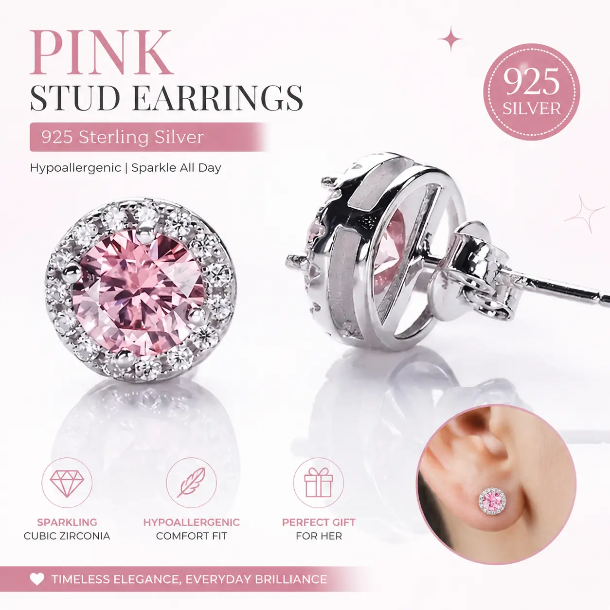 Women's Silver-Plated Round Halo Pink Crystal Stud Earrings - Cubic Zirconia Unisex Everyday Wear Elegant Jewelry Gift