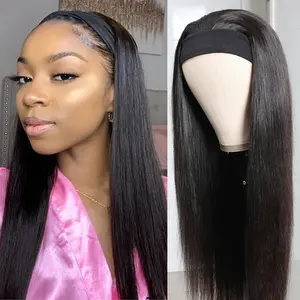 Bling Hair Glueless Straight Human Hair Wigs For Women Headband Straight Machine Made Wig Natural Black Color