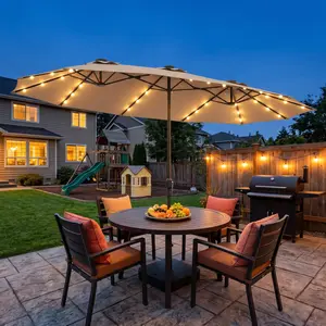 【LED Lights】15ft Large Patio Umbrella with Base, Extra Large Outdoor Double-Sided Twin Umbrella with 48 Lights Sun Shade Canopy Solar Parasol