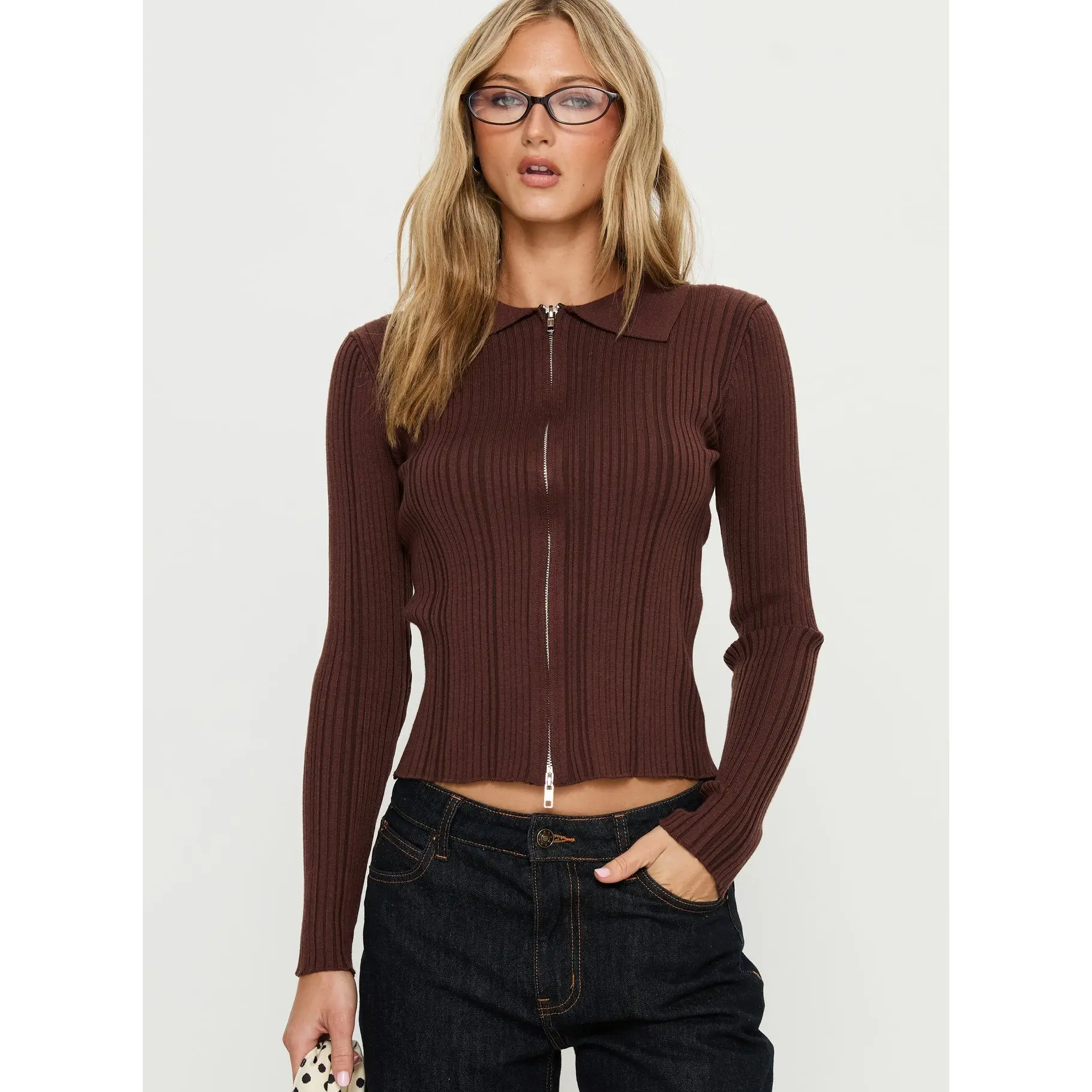 Tiaira Textured Zip Through Collared Long Sleeve Top Brown