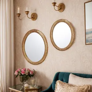 Classical Lace Oval Decorative Wall Mirror, European Style Home Art Hanging Piece, Creative Makeup Mirror for Photography Props, Bathroom Mirrors