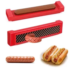 Hot Dog Slicer Criss Cross Red Stainless Steel Blade One-Touch Release BBQ Grilling Picnics Outdoor Cooking Kitchen Backyard Utensils Compact Dishwasher Safe Stylish