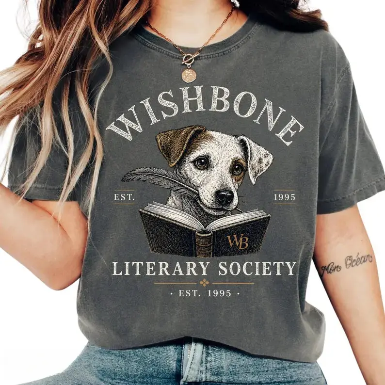 Unisex 100% Cotton Fitted Short-Sleeve Round Neck Dog Shirt - Vintage Literary Society Book Graphic Casual Wear, Comfortable Book Lover Gift, Comfort Colors Washed Sports Top, Fashion T-Shirt