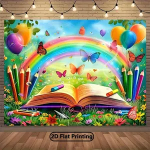2D Flat Printing Back to School Rainbow Open Book Banner - Polyester Fabric Photography Backdrop & Party - Photographic Cloth, Outdoor and Indoor Party Banners, Background with Festive Elements fo