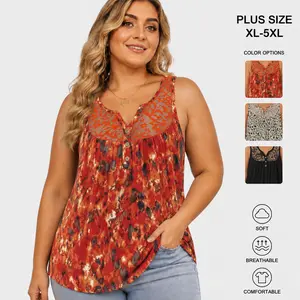 Women's ROSRISS Plus-Size Sleeveless Henley Tank Shirt - Breathable Loose Stretchy Fabric, Summer Lightweight V-Neck Button-Up, Lace Pleated Flowy Tunic, Style RPS2085 Oversize Clothes fathersdaygiftideas tops outdoorfun