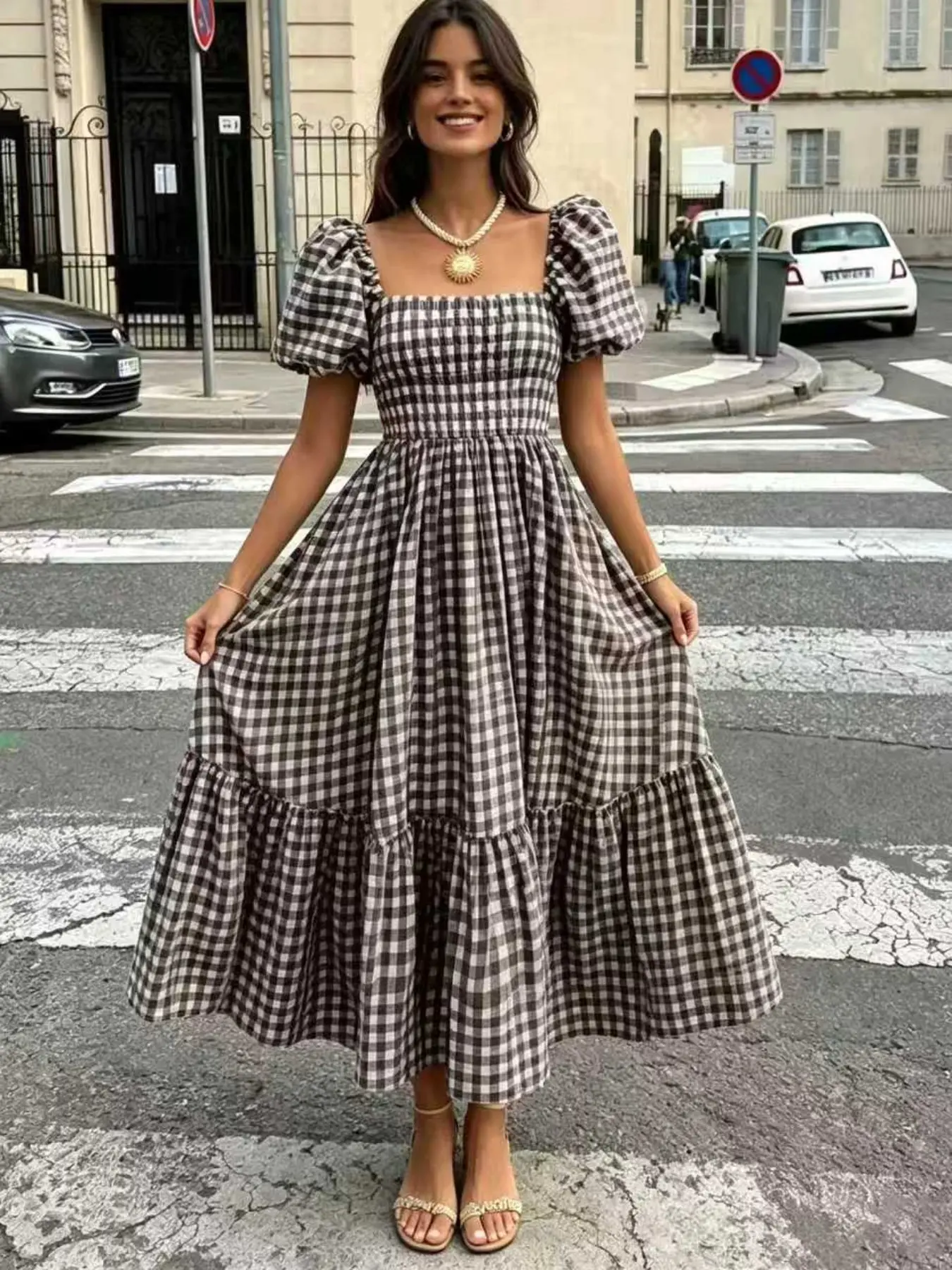 Elegant Plaid Pleated Hem Casual Dress for Women, Perfect for Outing, Date, Vacation, Concert, Street Style, Boho Style Clothes, Boho Fashion Casual, Valentine's Day, Casual Boho Sundress