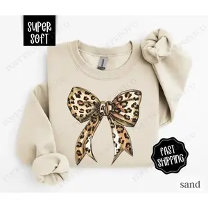 Leopard Bow Sweatshirt, Coquette Leopard Crewneck,  Women's Sweater