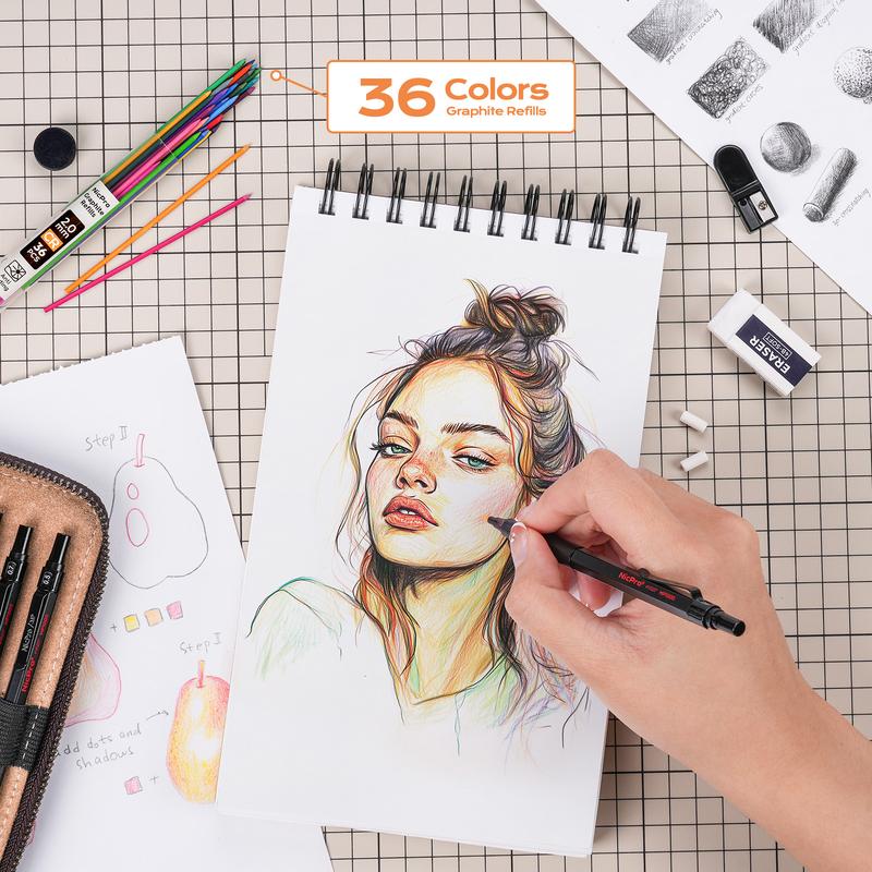 Nicpro 5 Pack Black Art Mechanical Pencil Set, Metal Drafting Pencils 0.3, 0.5, 0.7, 0.9, 2mm Graphite Lead Holder (4B 2B HB 2H Colored) For Writing Sketching Drawing With 9 Lead Refills Eraser Case