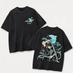 Demon Slayer Vintage Washed Graphic Tee – Oversized Anime Streetwear T Shirt, Kimetsu Style Retro Manga Tee, Y2K Digital Print Acid Wash Shirt