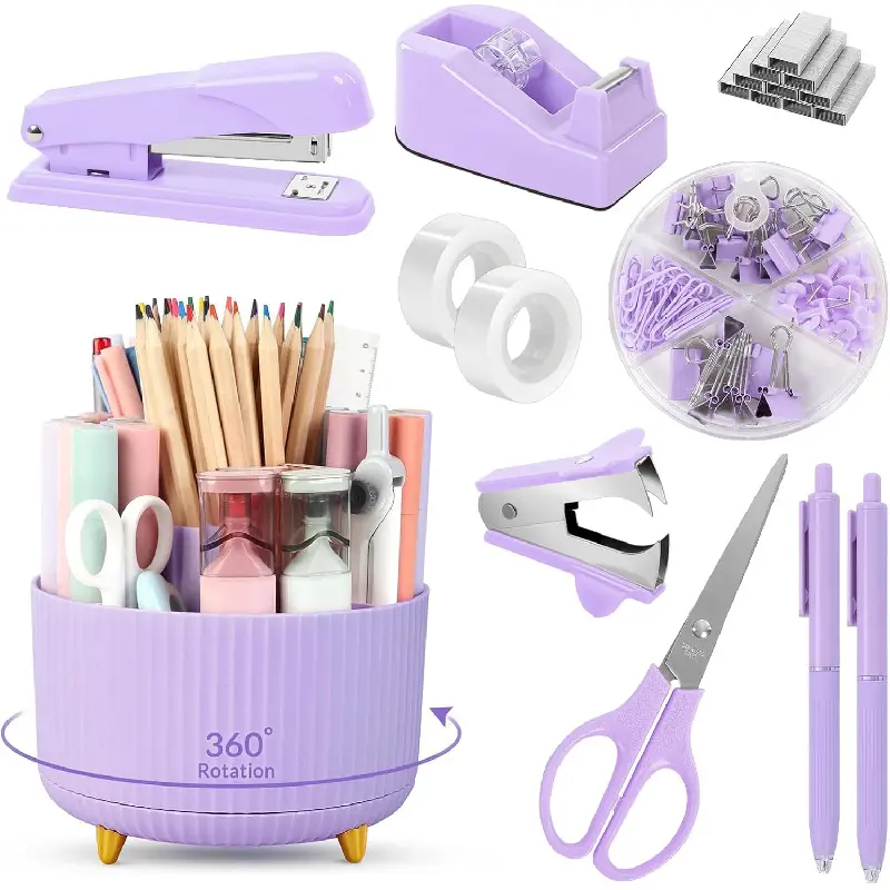 Purple Office Supplies Set, Purple Office Desk Accessories 10PCS, Pencil Holder for Desk, Stapler, Tape Dispenser, Scissors, Ruler, Binder/Paper Clips and 1000pcs Staples,Desk Supplies Set