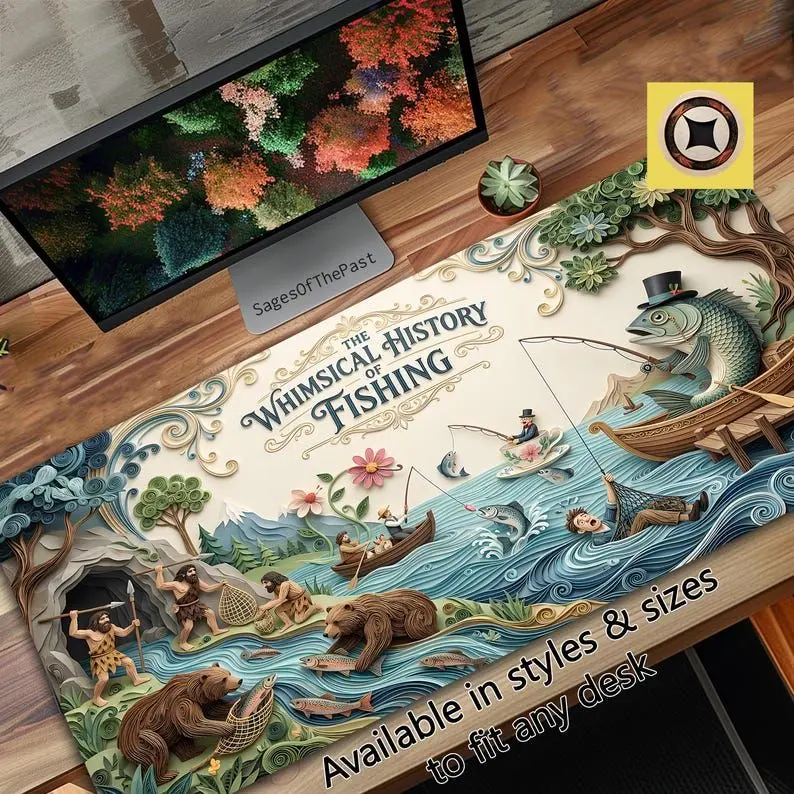 Whimsical History of Fishing Large Mouse Pad Desk Mat