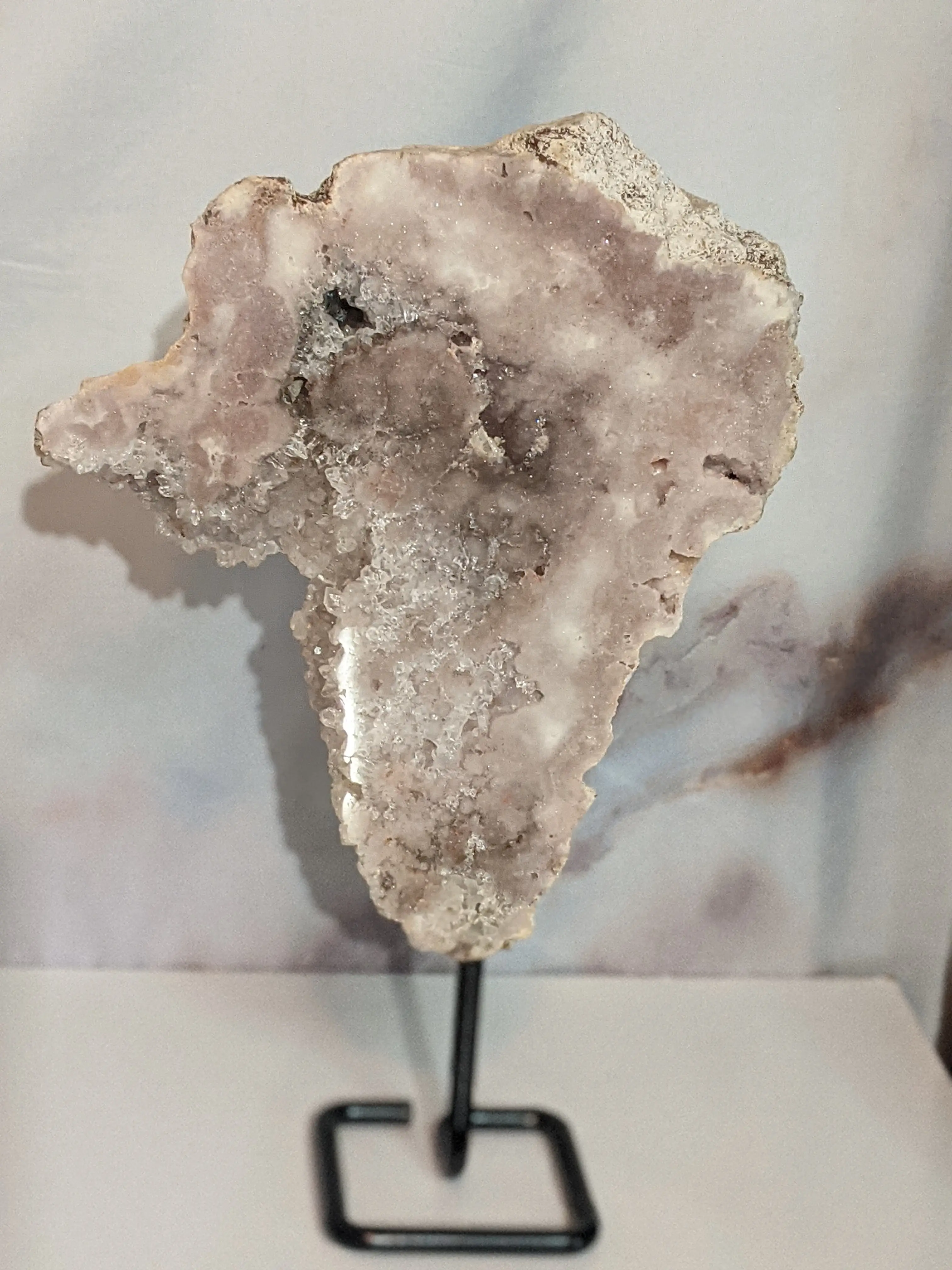 Large Rare Pink Amethyst Druzy on Metal Stand Double Sided Semi-Polished Geode Slab Natural Lavender Africa Shaped Crystal Display Specimen
