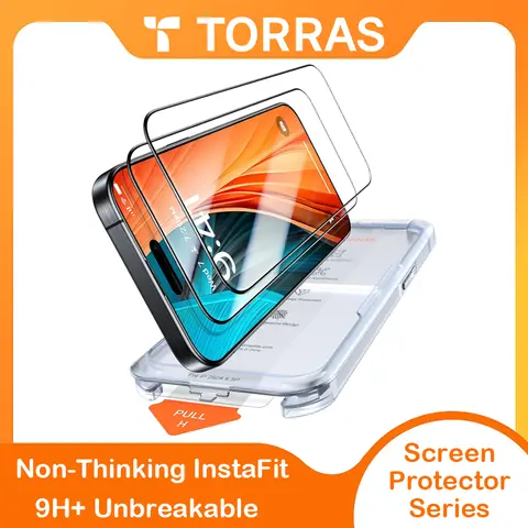 TORRAS Diamond Shield Tempered Glass Screen Protector for iPhone 17/16/15 Pro Max, 9H+ Aerospace Glass, Military-Grade Full Coverage, InstaFit, Shockproof, Shatterproof, Scratch-Resistant Secure Smartphone/Cellphone Protection Accessory