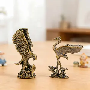 2 Piece Brass Animal Figurines, Decorative Sculptures, Eagle Spread Wings Symbolize Great Prospects, Crane Carrying Blessing Represents Longevity, Vintage Patina Finish