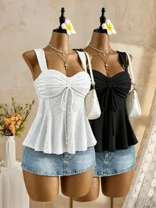Design Sensational Unique Chic Casual Cutout Halter Top, Solid Color Drawstring Waist A-Line Hem, Bold Outerwear Sleeveless Tank Top