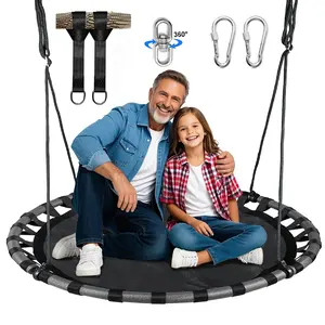 43" Black Saucer Tree Swing Set, 360 Rotate Waterproof Flying Saucer With Swivel, Hanging Straps, Adjustable Ropes - Round Mat Spinner Backyard Garden Outdoor & Indoor