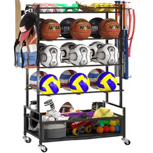 SOYEEZE Garage Sports Equipment Organizer-Ball Storage,5 Layers Large Basketball Stand Holder, Outdoor toy storage, Baseball Bat Rack, Rolling Ball Cart with Hooks and Wheels for Indoor/Outdoor Use