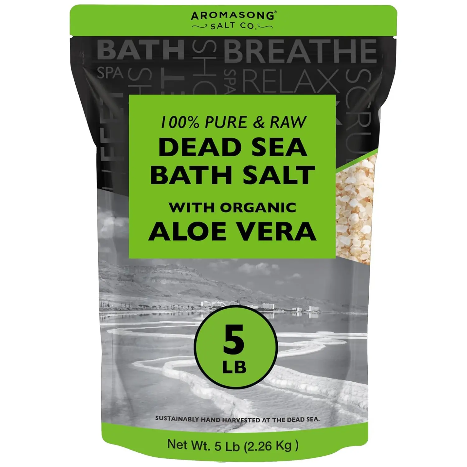 AROMASONG Raw Dead Sea Salt with Organic Aloe Vera - Cleansing, Detoxifying, Hydrating Bath Soak for Sensitive, Dry Skin, Fine-Medium Grain, 5 lbs, Soothing, Pack, Body Care