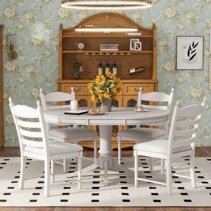 5-Piece Retro Functional Dining Table Set Wood Round Extendable Dining Table and 4 Upholstered Dining Chairs (Antique White)