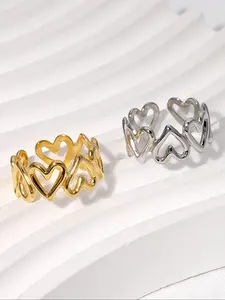 Elegant Hollow Heart Design Open Ring, Stainless Steel Material, Casual Style Suitable for Couples & Friends, All-Season Wear, Heart Cluster Ring