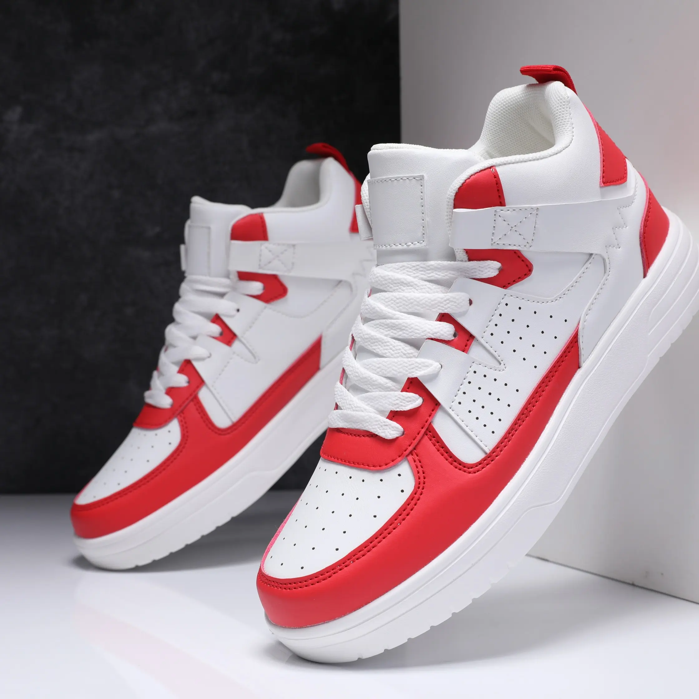 Men's High-Top Faux Leather Closed Training Casual Shoes - Solid Color, Round Toe, EVA Cushioning Insole, MD Sole, All-Seasons Walking Sneakers with Faux Leather Fabric