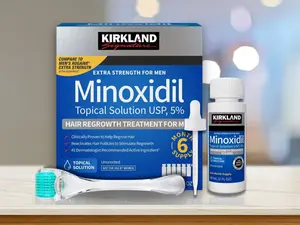 Roll. Drop. Regrow. - Hair Revival Start Here!" Kirkland Signature Extra Strength 5% Minoxidil Hair Regrowth Treatment For Men + Roller - Complete Hair & Beard Growth Kit (6 Months Supply)"