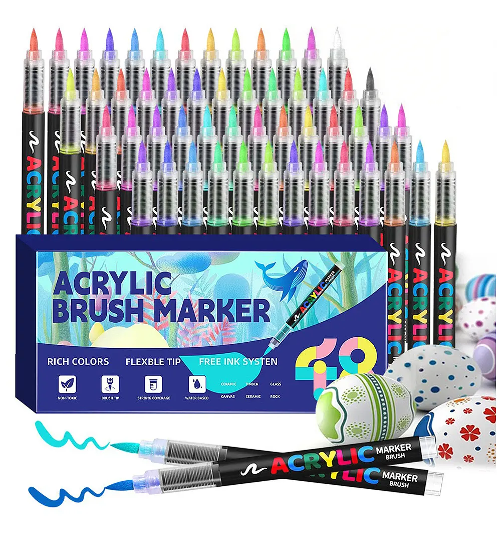 12/24/36/60 Colors Acrylic Paint Markers Brush Tip, Direct Liquid Markers with Soft Brush Tip, Vibrant Waterproof Ink for Calligraphy, Illustration, Perfect for Canvas, Stone, Wood, DIY Crafts