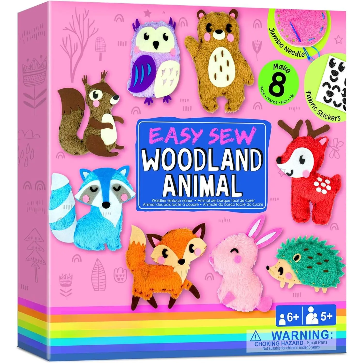 SQ-HDJ068 Beginner Unisex Learn to Sew Kit for Girls 5+ Years Old, 8 DIY Woodland Animal Stuffed Doll Projects (Bear, Bunny, Fox, Owl), Pre-Punched Holes, No Glue, Felt, Instructions, Safety Standards Tested Educational Arts & Crafts Toy Gift, Girl, 8 Diy