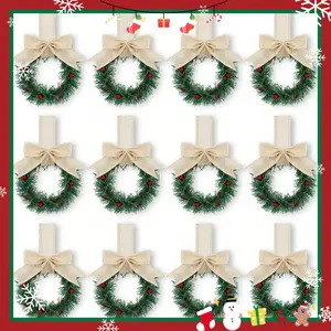 Classic 12pcs Christmas Kitchen Cabinet Mini Wreath Hanging Ornaments with Bows and Berries for Window Cabinet Chair Door Stairs Home Decor Diameter 13 cm