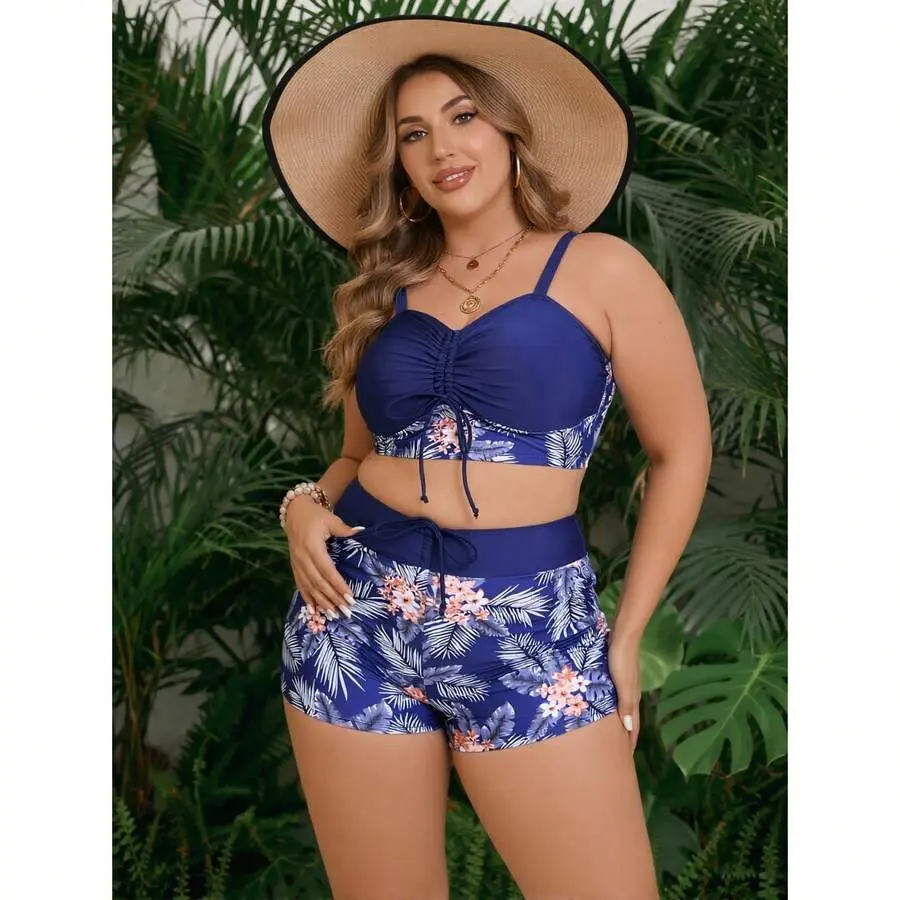 Women's Blue Tropical Plants Print Polyester Bikini Set - Patchwork, Tie-Front, Drawstring, Short-Sleeve, Quick-Dry, Adjustable Strap, Cooling, Regular Fit, Surfer Girl Aesthetic, Versatile Beach Cover-Up, Resort Wear