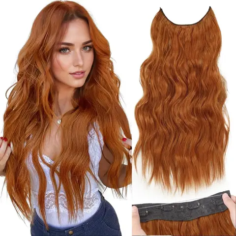 Sohochic AISI HAIR Thick Clip-In Synthetic Hair Extensions, Invisible Elastic Wavy Hairpieces, 4-Clip Slipfree Fit, Adjustable Hooks, Glueless Pre Style, 20 Inch Chestnut Brown Waves, 2 Replacement Wires, for Daily Wear