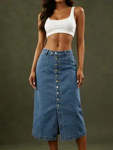 Women's High Waist Medium Stretch Denim Skirt, Blue Front Button Split Hem A-Line Midi Skirt, Casual Chic Elegant Jean Skirt, Comfortable Versatile Bottoms for Daily Life, Dating, Office, Parties and All Occasions