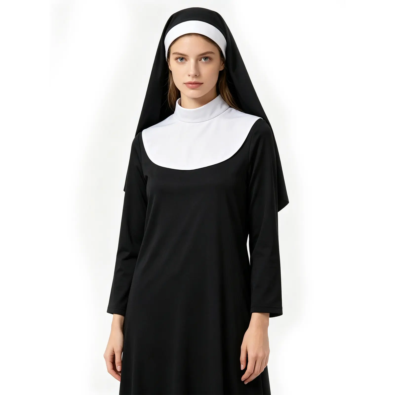 Classic Nun Costume for Women - Black Long Sleeve Dress with Headscarf & Collar
