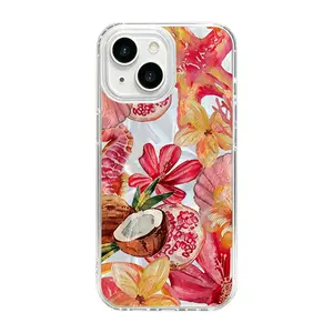 Tropical Summer Fruit Floral Mirror Phone Case for iPhone, [1PCS] Cute Coconut Pomegranate Hibiscus Pattern Protective Cover, Aesthetic Y2K Beach Vacation Phone Shell