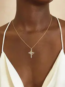 Cross & Rotating Crown Design Pendant Necklace, Fashion Charm Necklace for Party, Daily Decor, Trendy All-match & Exquisite Jewelry for Birthday Gift