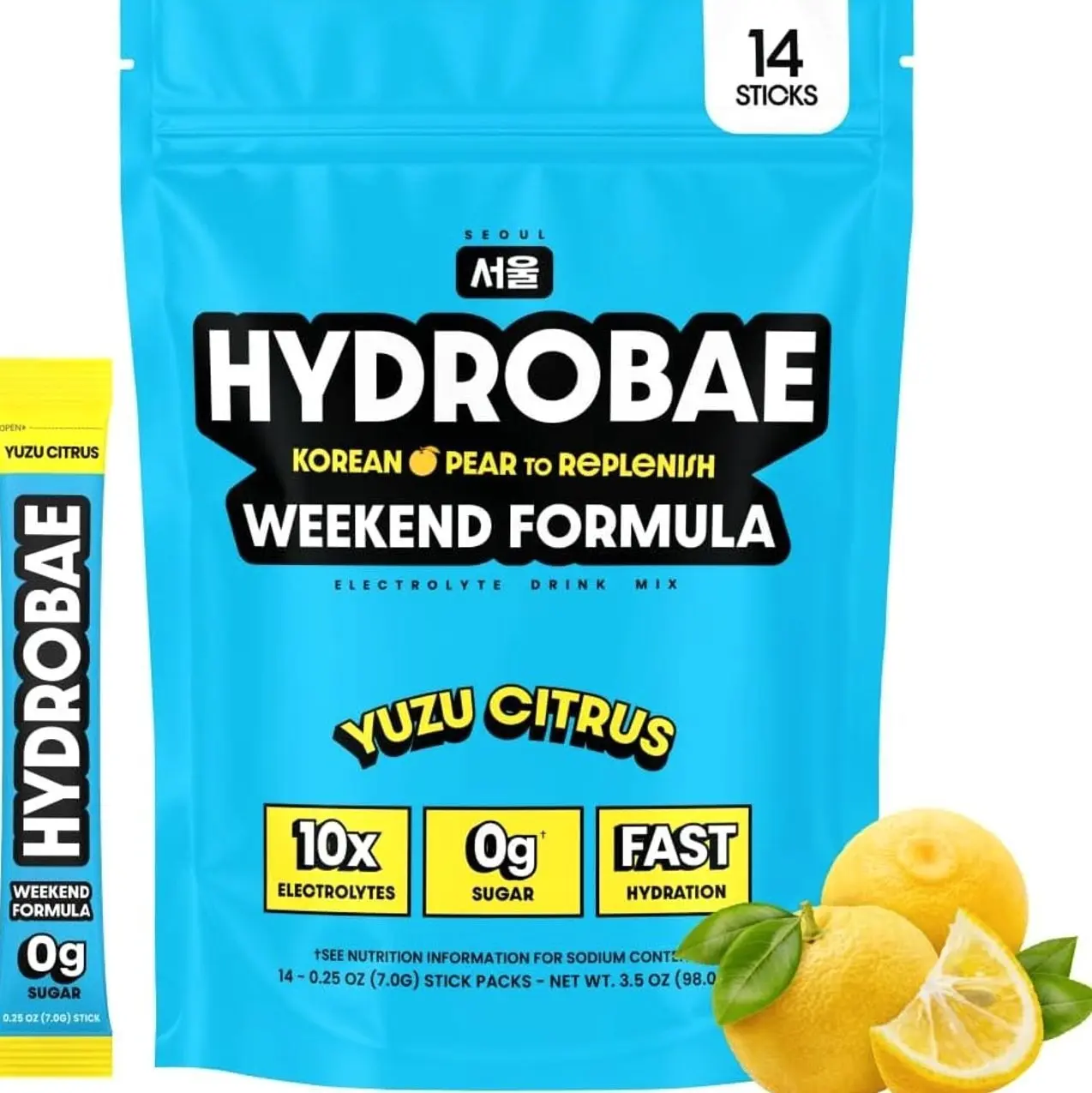 HYDROBAE Electrolyte Powder Drink Mix | 3,439mg Electrolytes, Zero Sugar Yuzu Citrus Hydration Packets with Korean Pear, L-Theanine & Ginger, Made in Korea (14 Sticks)