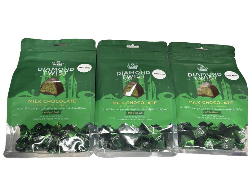 Choco Lake Dubai Chocolate Sensation Diamond Twist Pistachio Kunafa Milk Chocolate 450g x 3 Pouches for Parties Ramadan Eid Everyday Indulgence