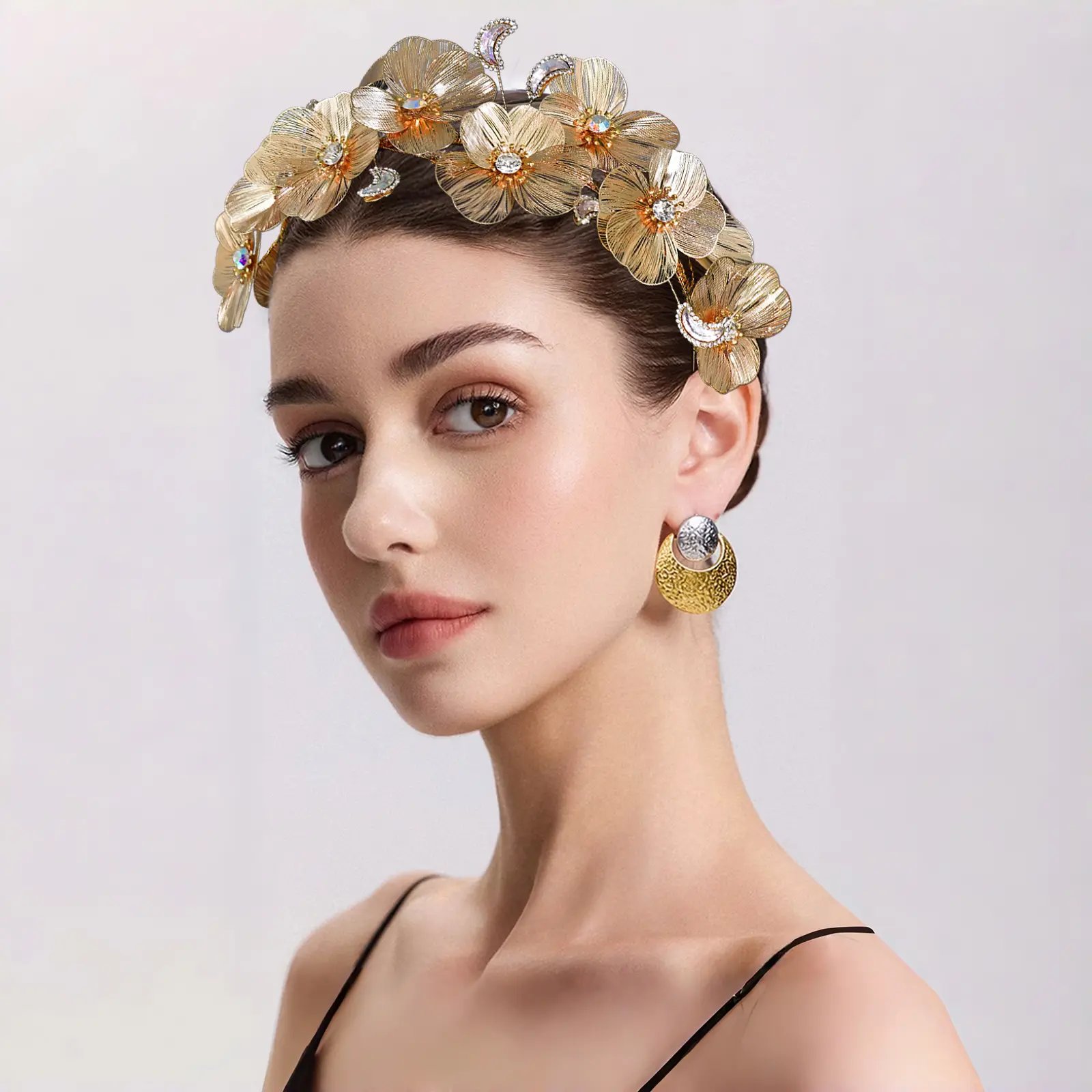 Gold Floral Crown Headband with Crescent Moons and Iridescent Crystals, Statement Halo Tiara for Weddings, Birthdays, and Goddess Costumes, Lightweight Hair Accessory